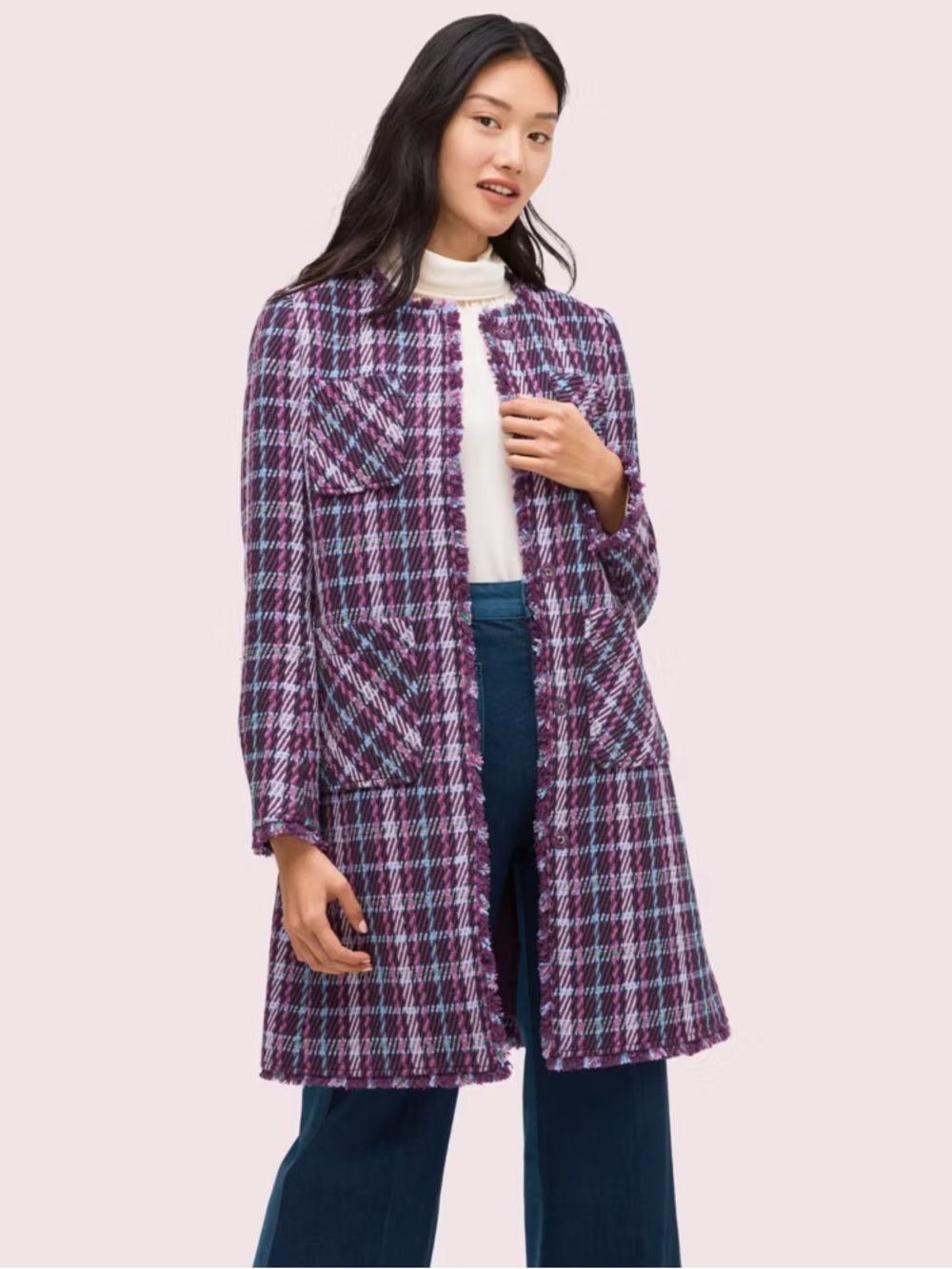 Kate Spade Plaid Tweed Coat Purple Fringe Long Jacket